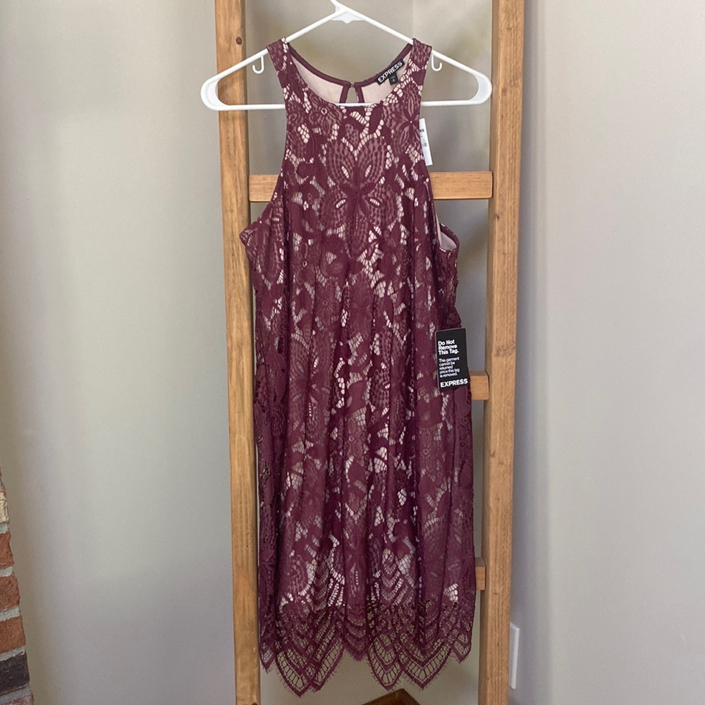 High neck lace dress, nude underlay